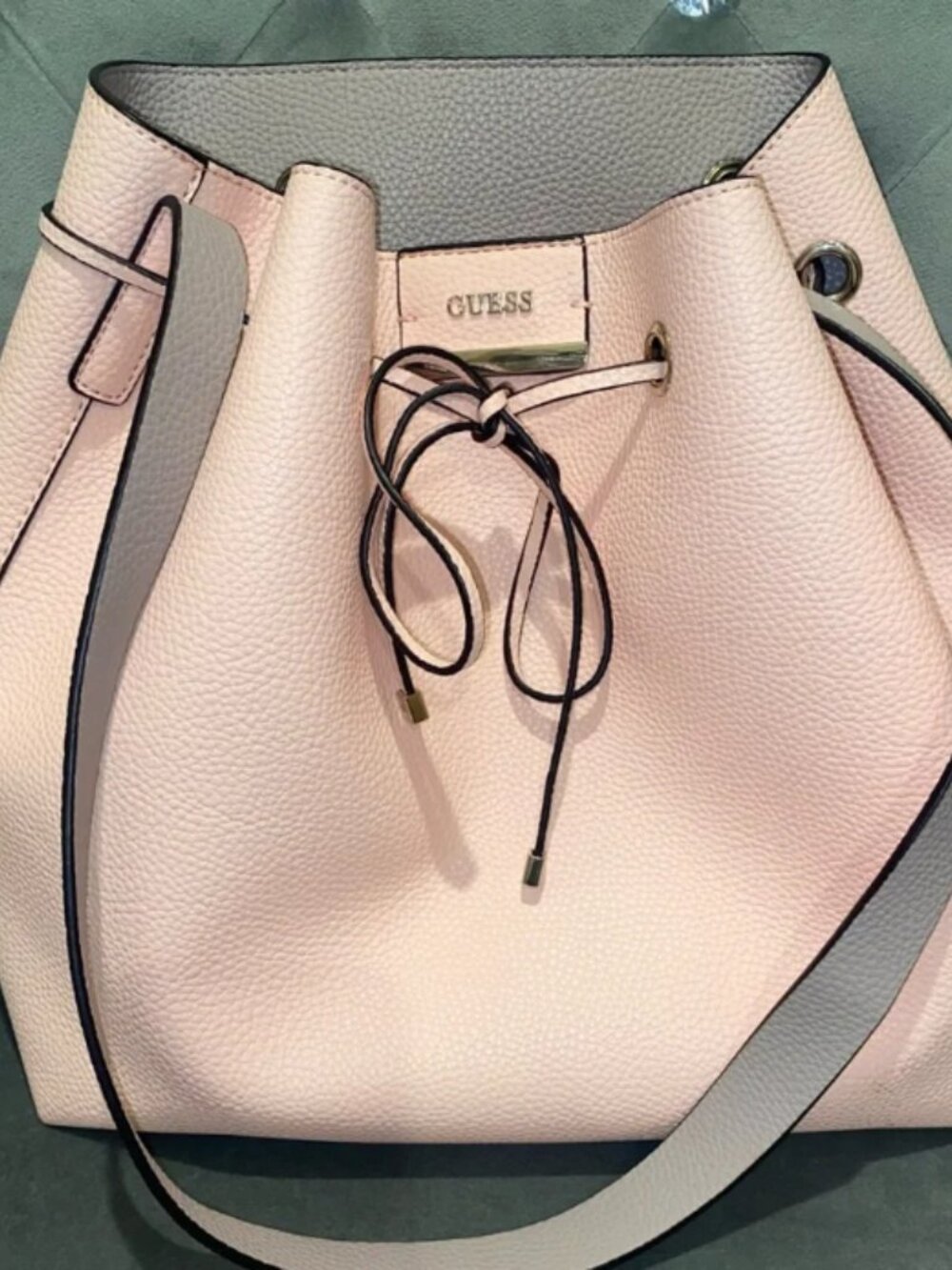 GUESS Large Blush Pink Pebbled Drawstring Bucket Bag